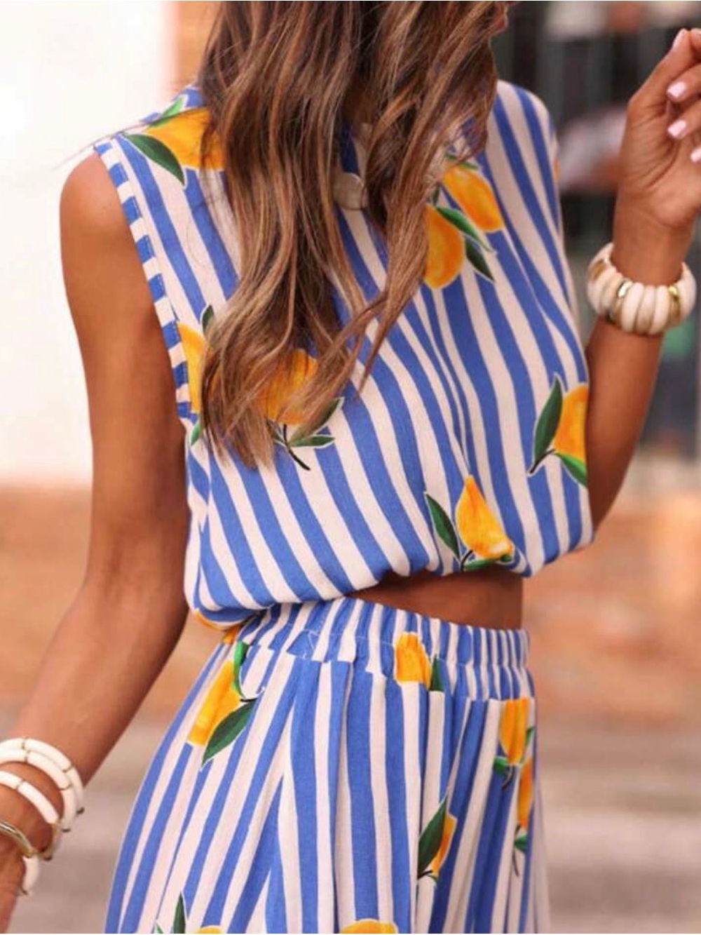 Blue Stripe & Yellow Lemon Maxi Dress - Sleeveless Summer Two Piece Set - Picture 3 of 4